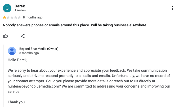 Screenshot 2025 04 03 at 1.53.26 PM / How to Respond to Online Reviews 8 / Beyond Blue Media a screenshot of a fake review that beyond blue media received on their google business profile